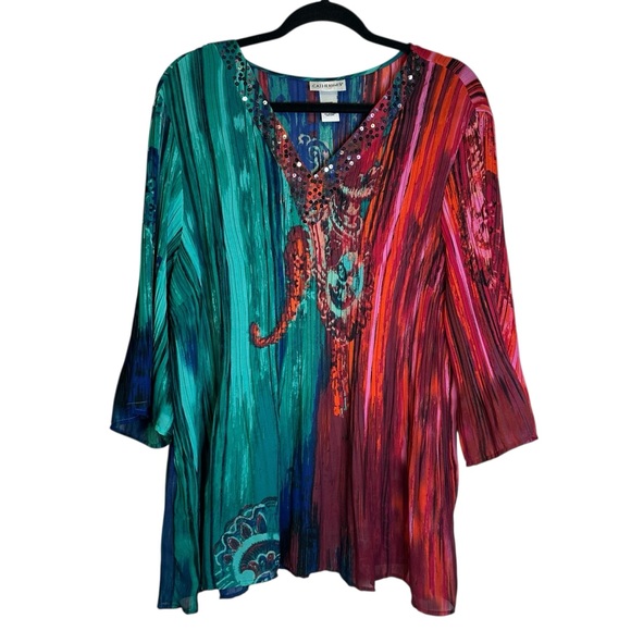 Catherines Tops - Catherines Graphic Tunic in Green and Red with Funky Retro‎ Hippie Sequins 1XP